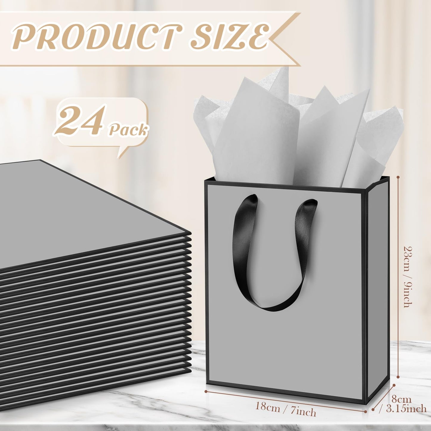 Yeaqee 24 Pack Metallic Paper Gift Bags with Handle and Tissue 9x7x3.1 Gold Foil Welcome Thank You Favor Bags Return Gifts for Wedding Graduation Bridesmaid Groomsmen Birthday(Gray, Black)