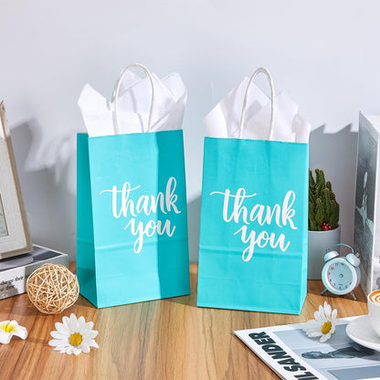DjinnGlory 50 Pack Small Teal Blue Paper Bags with Handles 9x5.5x3.15 Inch and 50 White Tissue Paper, Thank You Gift Bags for Business Wedding Baby Shower Birthday Party Goodies
