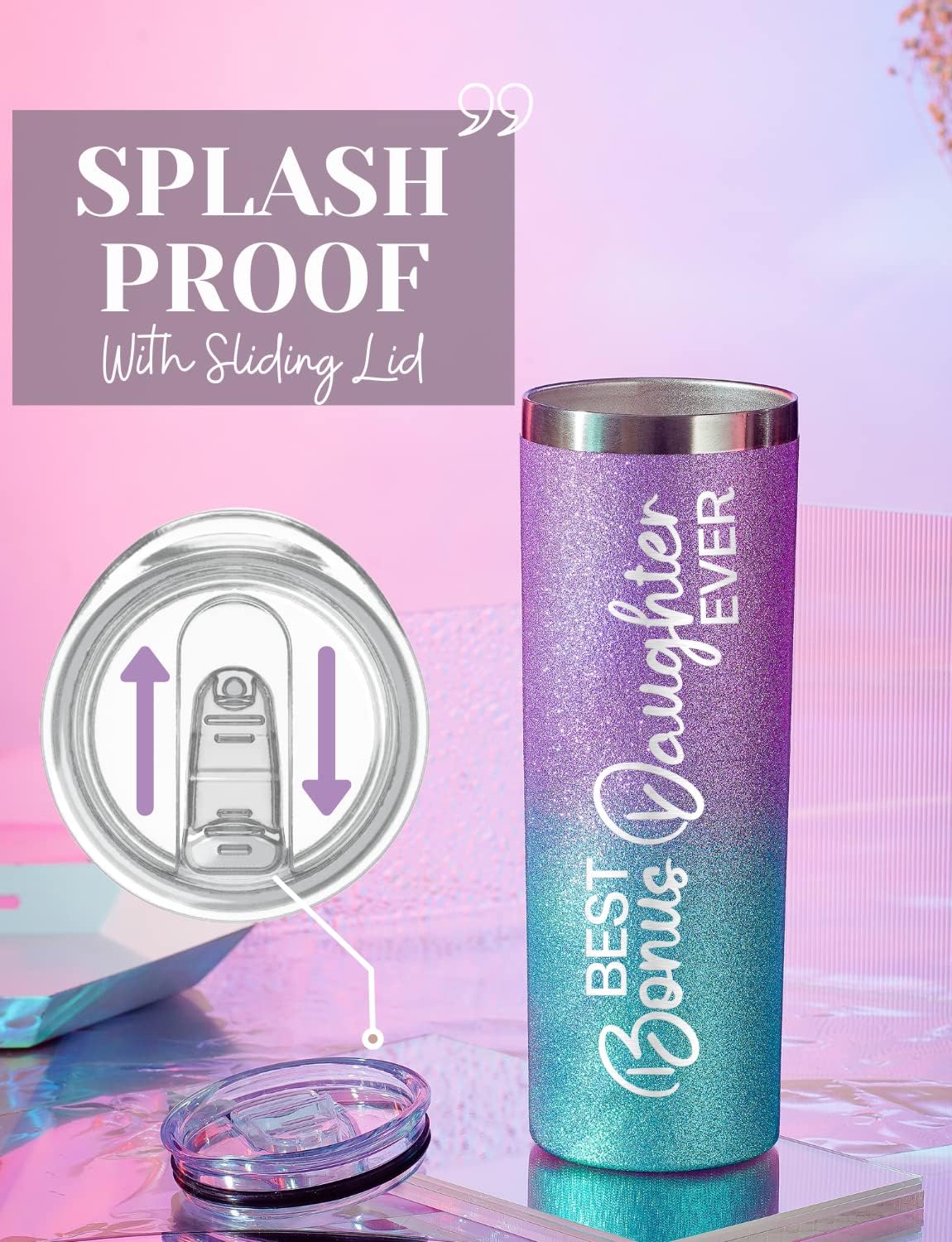 Onebttl Bonus Daughter Gift - 20oz Stainless Steel Travel Mug With Lid and Straw for Birthday, Christmas or Thanksgiving - Best Bonus Daughter Ever