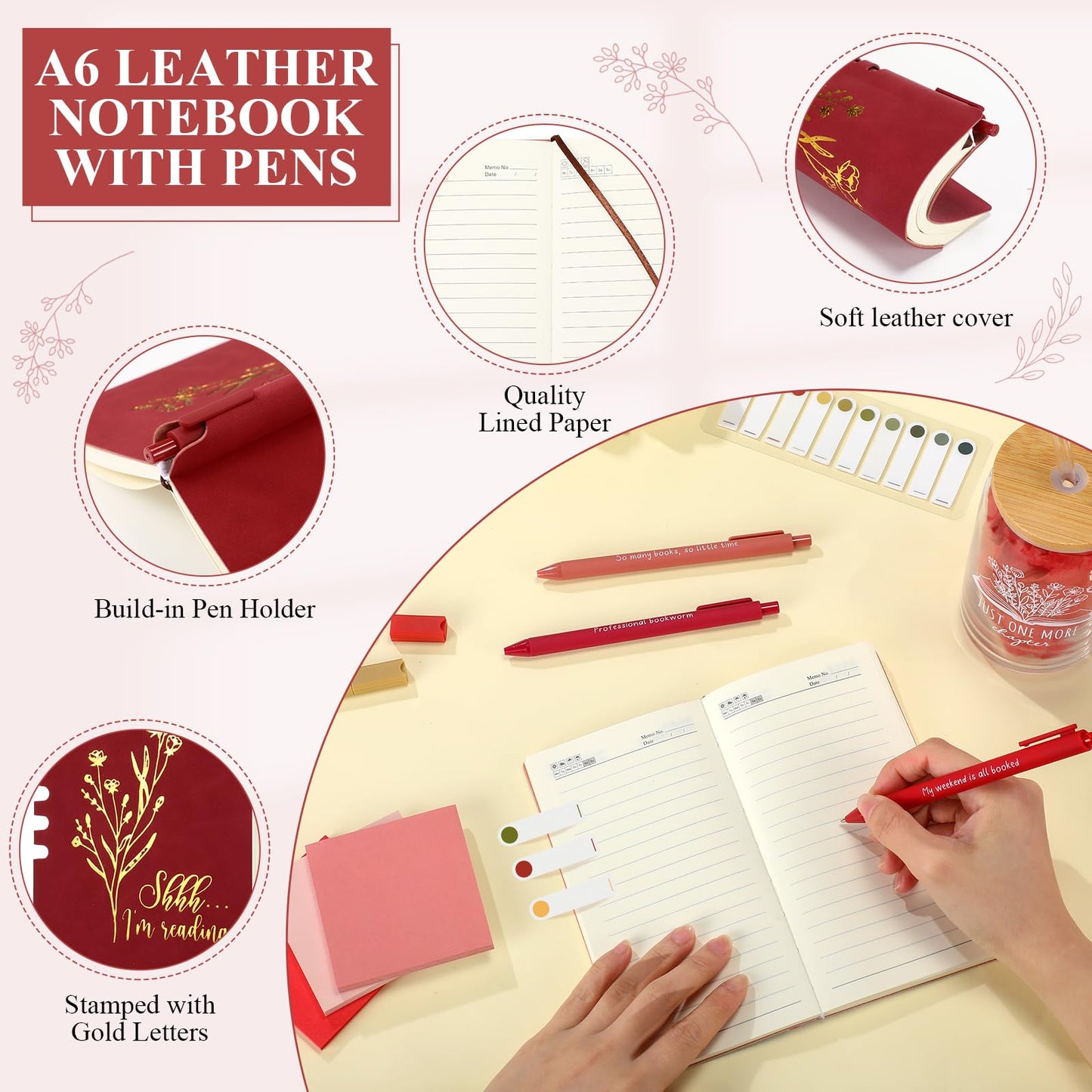 Havawish 14 Pcs Book Lovers Gifts for Women 16 oz Glass Cup Tote Bag A6 Journal Notebook Ballpoint Pens Highlighters Sticky Notes for Library Reader Bookworm Book Club(Red,Aesthetic)
