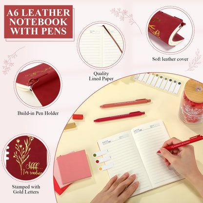 Havawish 14 Pcs Book Lovers Gifts for Women 16 oz Glass Cup Tote Bag A6 Journal Notebook Ballpoint Pens Highlighters Sticky Notes for Library Reader Bookworm Book Club(Red,Aesthetic)