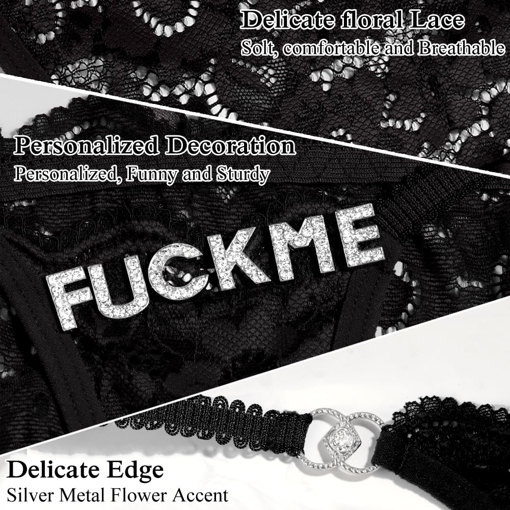 2Pack Women G-String Thongs T Back Low Rise Lace Panties Funny Thongs with Letters Cute Sexy Underwear