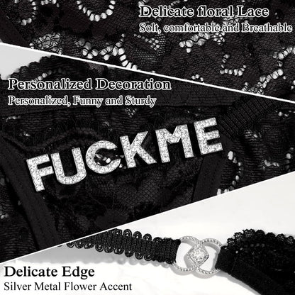 2Pack Women G-String Thongs T Back Low Rise Lace Panties Funny Thongs with Letters Cute Sexy Underwear