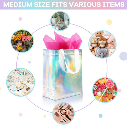 Addblu 12 Pack Reusable Gift Bags with Handles & 24 Tissue Papers, 10x4x8 Inch Iridescent Gift Bags with Cardboard Bases for Shopping, Parties, Birthdays, Weddings, Holiday, Father's Day (Holographic Gift Bag-White Papers)