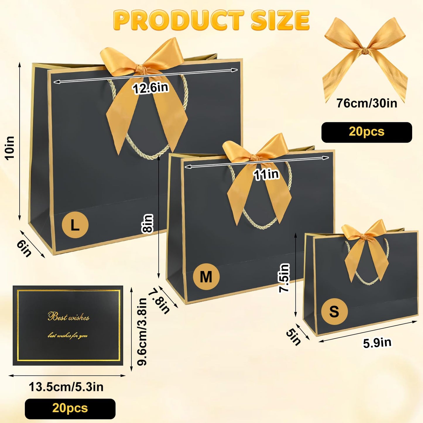20PCS Black Gift Bags with Handles, 7.5x5.9x2.7Inches Welcome Bag Return Gifts with Handles, Birthday Gift Bags with Ribbon, Greeting Cards for Wedding Baby Shower Bridesmaid Party Gift (Black-Gold)