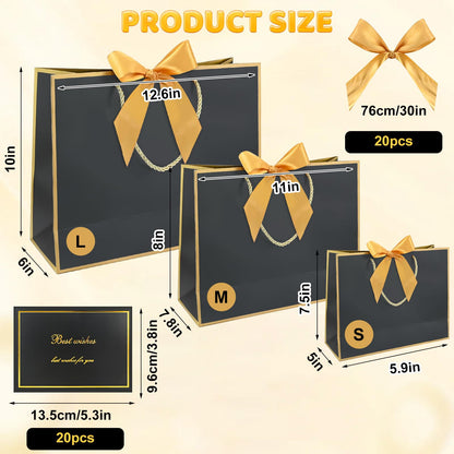 20PCS Black Gift Bags with Handles, 7.5x5.9x2.7Inches Welcome Bag Return Gifts with Handles, Birthday Gift Bags with Ribbon, Greeting Cards for Wedding Baby Shower Bridesmaid Party Gift (Black-Gold)
