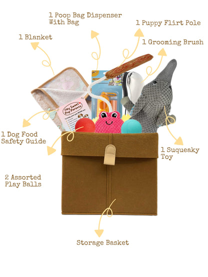 Premium Puppy Welcome Kit 8-in-1 New Dog Gift Basket with Blanket, Interactive Toys & Grooming Brush- Perfect Dog Adoption Gift and Birthday Gift for Small to Medium Dogs