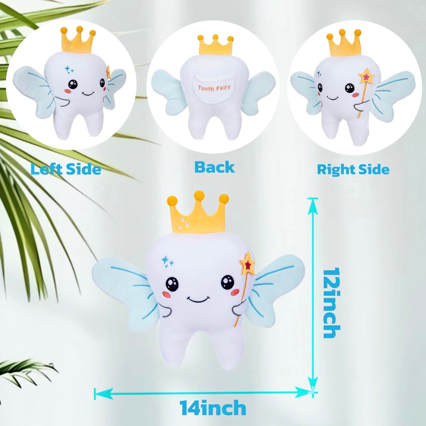 Tooth Fairy Plush Holder Gift – 12 Inch Big Tooth Pillow Crown Blue Wings Star Wand Kids' Tooth Fairy Gift for Boys Girls with Pocket