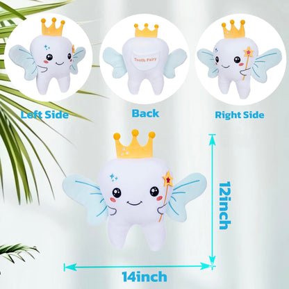 Tooth Fairy Plush Holder Gift – 12 Inch Big Tooth Pillow Crown Blue Wings Star Wand Kids' Tooth Fairy Gift for Boys Girls with Pocket