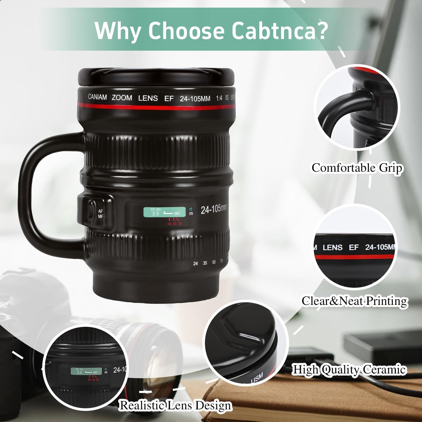 Cabtnca 16Oz Camera Lens Coffee Mug, Cool Photography Gifts for Photographers Christmas, Funny Ceramic Coffee Mug with Lid and Handle