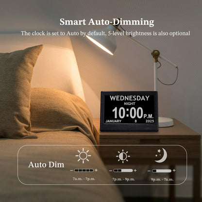 7'' Digital Clocks, 12 Reminders & 6 Alarms, Dementia Clock with Date and Time for Elderly, Auto-Dimming, Button & Remote Control, Auto DST, Digital Calendar for Seniors Large Display, Black Woodgrain
