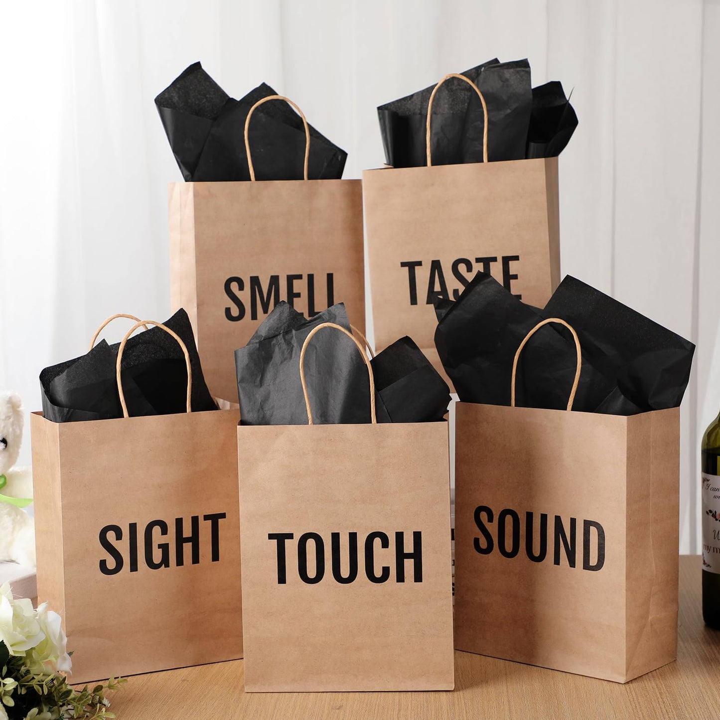 Kolldenn 5 Senses Gift Bags for Him for Her with 10 Pcs Tissue Paper, Paper Bags with Handles Five Senses Gifts for Valentines Christmas Birthday Wedding Anniversary (Kraft,8.3 x 4.3 x 10.6 Inch)