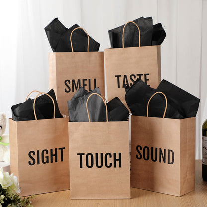 Kolldenn 5 Senses Gift Bags for Him for Her with 10 Pcs Tissue Paper, Paper Bags with Handles Five Senses Gifts for Valentines Christmas Birthday Wedding Anniversary (Kraft,8.3 x 4.3 x 10.6 Inch)