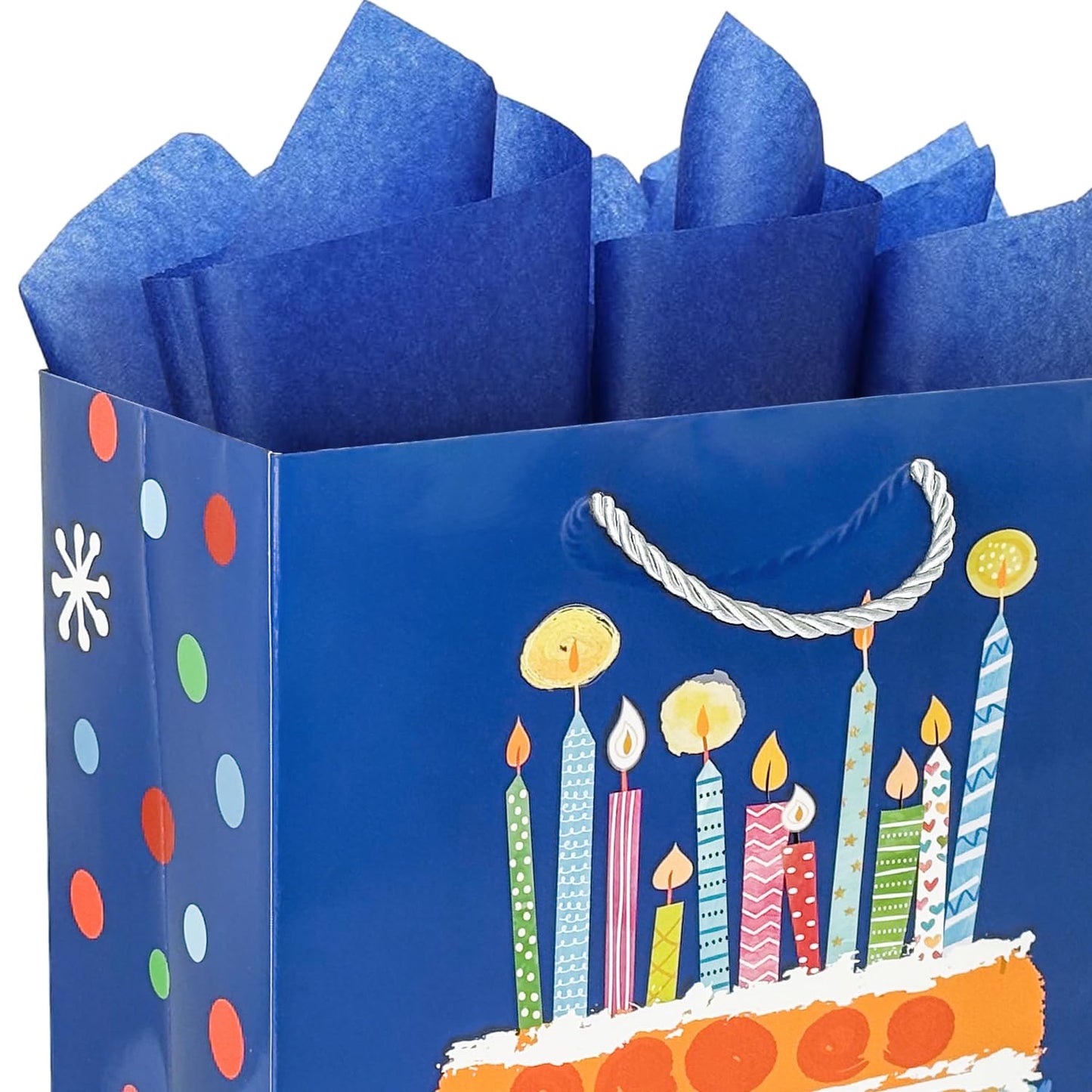 Party Funny Kids Blue Birthday Gift Bags with Tissue Paper, 2 Pack 13" Medium Paper Gift Bag Set with Handles, Colorful Cake and Happy Birthday Present Bags for Boys