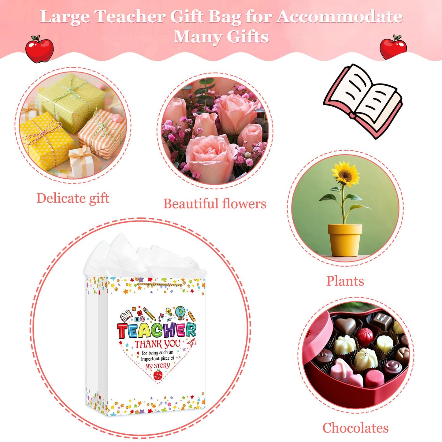 WaaHome Teacher Appreciation Gift Bag for Women - End of Year Graduation Teacher Gift Bags for Daycare Elementary Teachers from Students - 11.5'' Large Thank You Teachers Wrapping Paper Bag
