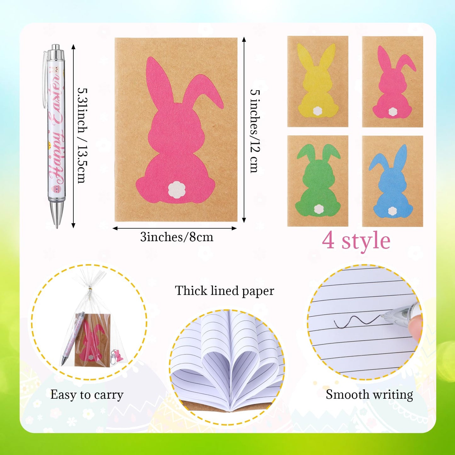 Willinglong 12 Set / 60 Pcs Easter Gift Include 24 oz Tumbler with Lids and Straws, Bunny Notebook, Colorful Pen for Easter Party Favor Basket Stuffers Classroom Prizes Gifts