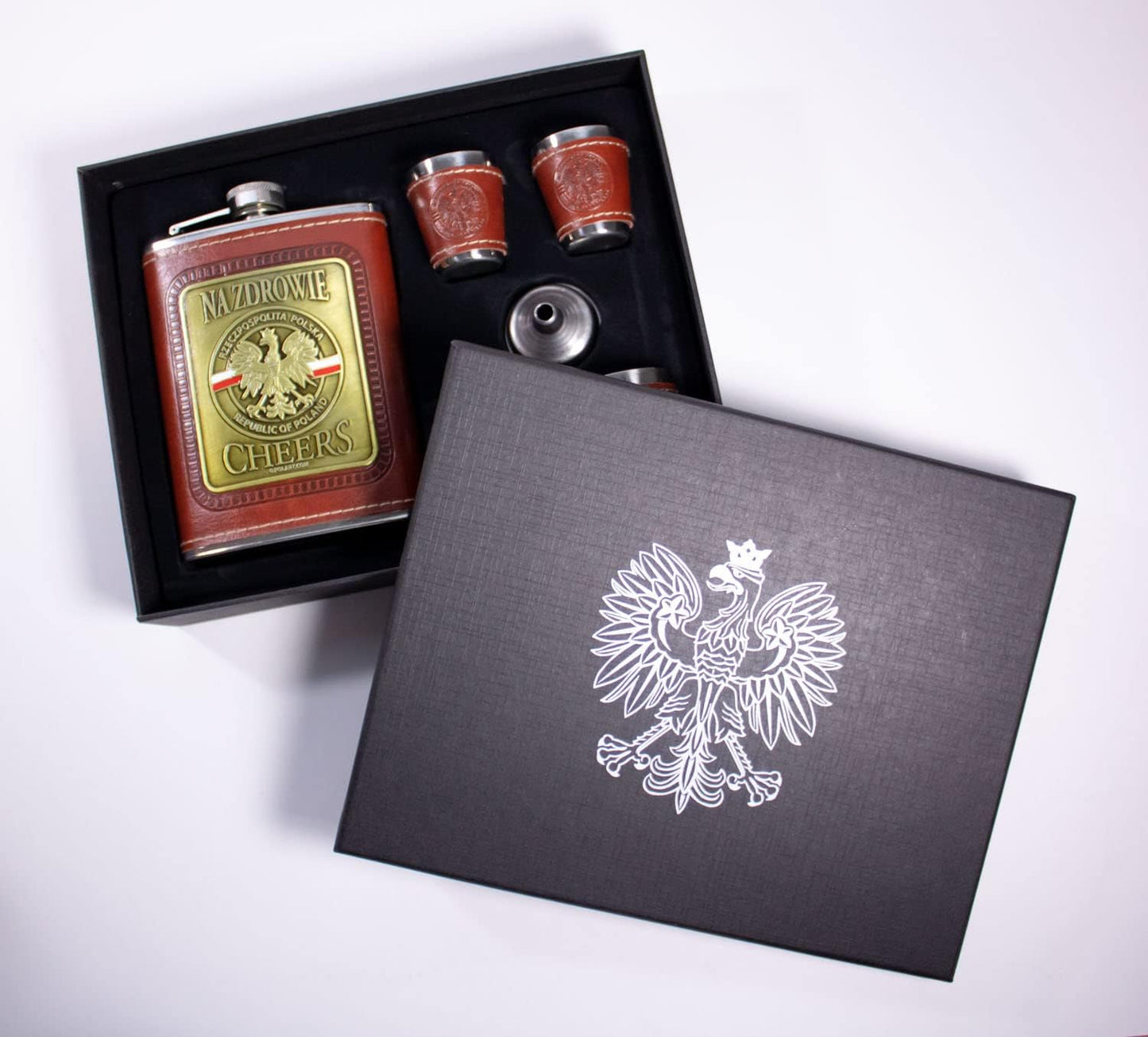 Polart - Poland Flask Set - Stainless Steel Gift Boxed set of Na Zdrowie - Cheers Republic of Poland (Rzeczpospolita Polska) Polish Flask and Four Shot Glasses with the Funnel, Flask Sets for Men