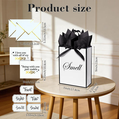 Nimbbex 5 Senses Gift Bags for Him Her with Labels & Ribbon, Five Senses Gift Bags with Handle, Envelopes and Cards for Birthday, Anniversary, Mother's Day, Valentine's Day 9 x 7 x 3.2 Inches (White)