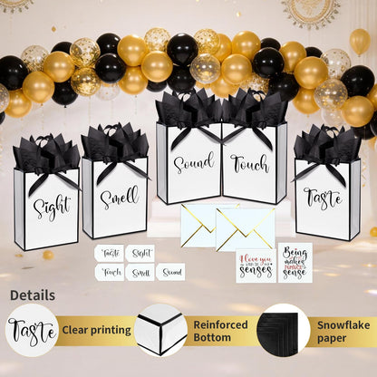 Nimbbex 5 Senses Gift Bags For Him with Labels, Five Senses Gift Bags with Cards, Envelopes and Ribbons for Valentine'S Day, Birthday, Anniversary, Mother'S Day,Father'S Day 9X7X3.2 Inches (White)