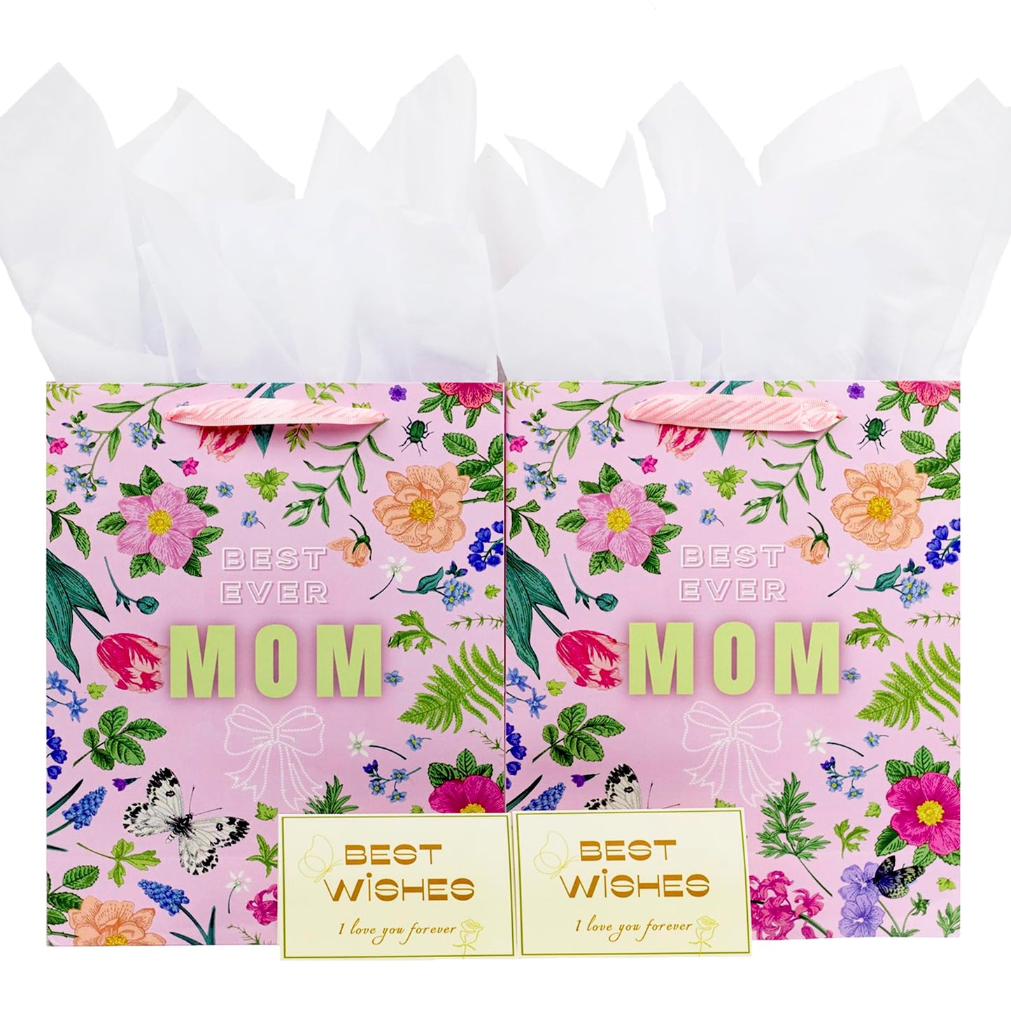 2 Pack 13" Large Mother Day Gift Bags with Handles, Pink Floral Gift Bags with Tissue Paper & Cards for Mom Grandma Women Holiday Birthday Mothers Day Gift Bags