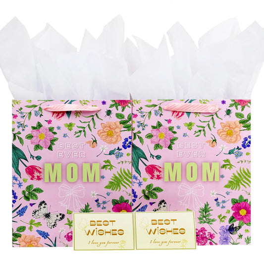 2 Pack 13" Large Mother Day Gift Bags with Handles, Pink Floral Gift Bags with Tissue Paper & Cards for Mom Grandma Women Holiday Birthday Mothers Day Gift Bags