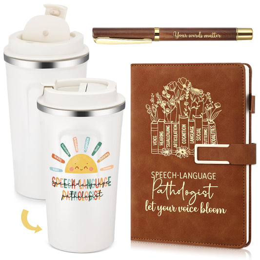 Pickmesh 3 Pcs Speech Pathologist Gifts Set 17 oz Coffee Tumbler A5 Leather Notebook Journal Pen Speech Therapy SLP Gifts for Language Pathologist Graduation Teacher Day Christmas