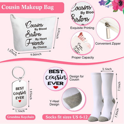 Funnymoom 5 Pack Cousin Gifts for Women, Best Cousin Ever Themed Gifts Ideas for Birthday, Thank You Set with Canvas Tote Bag, Canvas Makeup Bag, 16 oz Drinking Glass Cup, Socks and Keychain