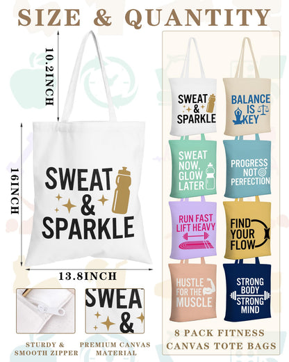 Sanwuta 8 Pcs Fitness Canvas Tote Bags for Women Workout Funny Reusable Shopping Bag with Zipper Inner Pocket Sports Lover Gym Gifts for Pilates Yoga Body Builder Bodybuilding Lovers Everyday Carry