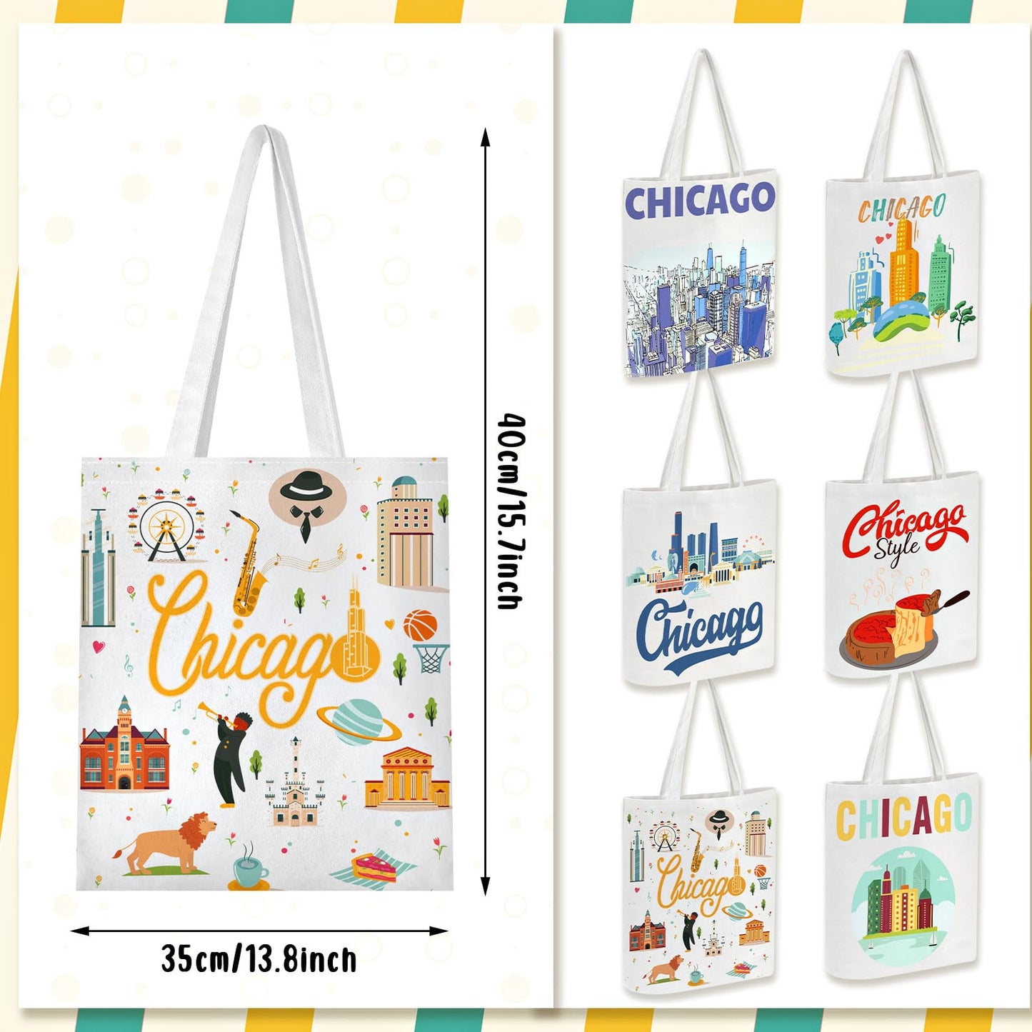 Paterr 6 Pcs Chicago Canvas Tote Bag Watercolor Chicago City Souvenir Gift Souvenir Women Travel Gifts Grocery Shopping Bag Christmas Party Favors