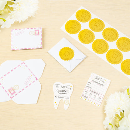 Mini Tooth Receipt Set - 20 Set Pink Tooth Cards with Envelope and Fairy Letter for Kids, Lost Teeth Certificate Keepsake Postmark Gift Bag with Seal Stickers for Girls Boys Home School Award