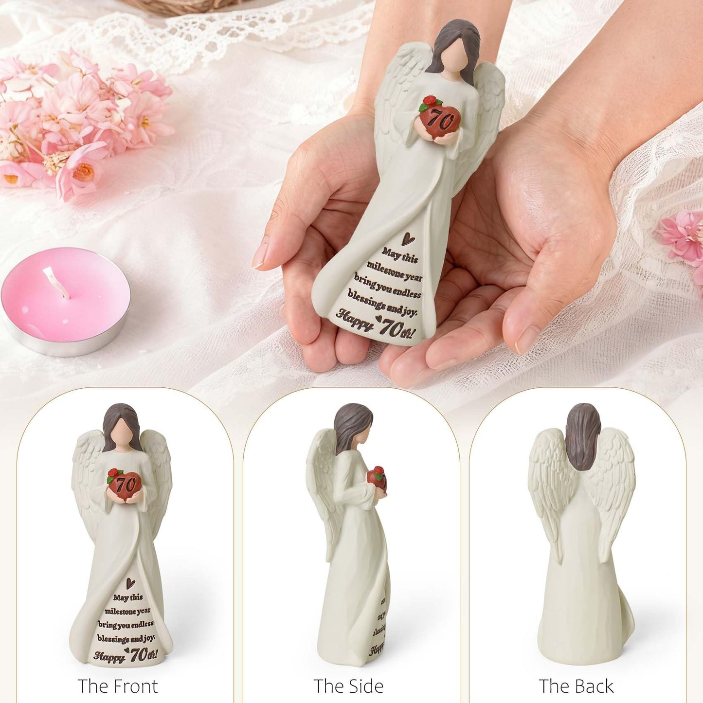 70th Birthday Gifts for Women, Happy 70th Birthday Decorations, Unique 70 Year Old Gifts for Woman Grandma Mom Sister Friends, Hand-Painted Angel Figurine for Home Party Decor