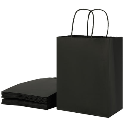 SUNCOLOR 25-Pack Black Gift Bags with Handles, 8x4.5x10 Inch Medium Kraft Paper Bags for Party Favors, Retail, Halloween, Weddings