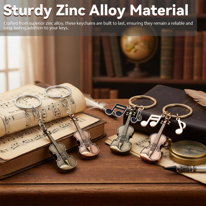 Zinc Alloy Violin Keychain, Weathered Charm in Bronze and Red Copper, Pocket-Sized Tiny Violin Keyring with Musical Notes - 4-Piece Set, Artistic Decor for Music Lovers