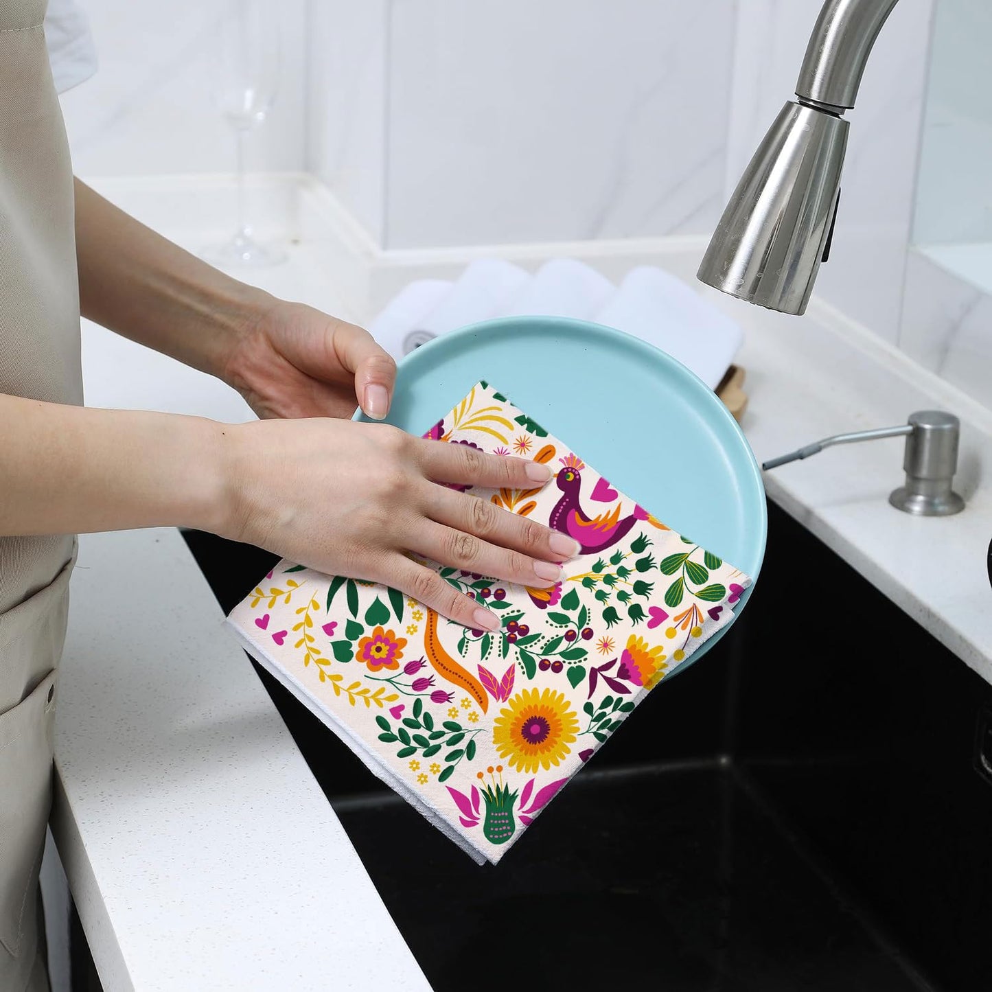 Sunwer Mexican Floral Kitchen Towels Cinco De Mayo Dish Towels Mexico Let's Fiesta 18x26Inch for Seasonal Holiday Home Decor Set of 2