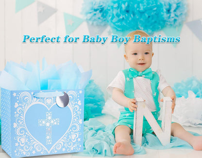 JWSCYSY 12.6" Large Blue Gift Bag with Metallic Silver Star Cross Design, Card and Tissue Paper for Baby Boy Baptisms, Christenings, First Communions Religious