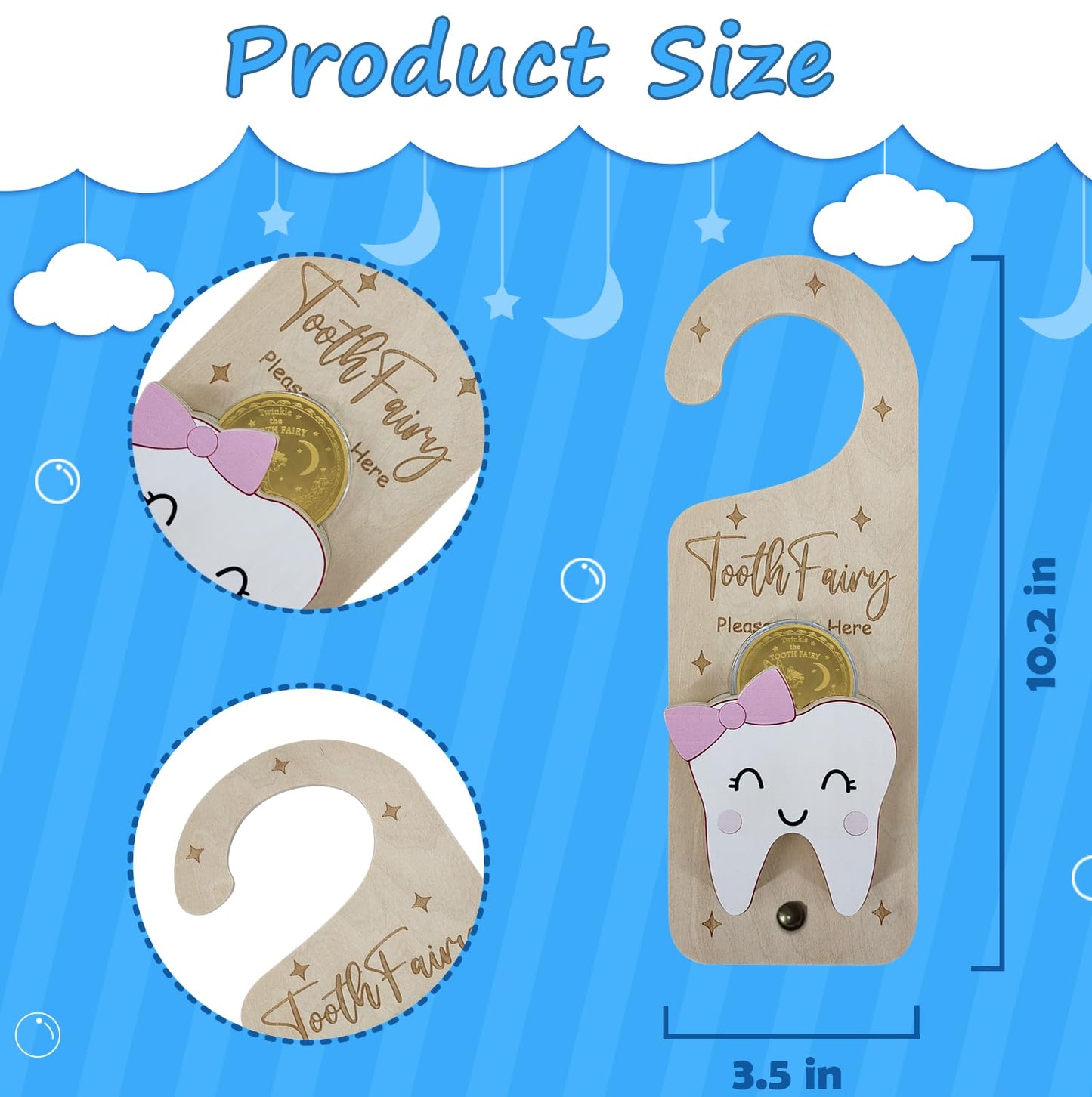PAMBO Tooth Fairy Door Hanger, Wooden Tooth Fairy Money Holder with Tooth Coins for Lost Tooth Kids Gifts (Pink)