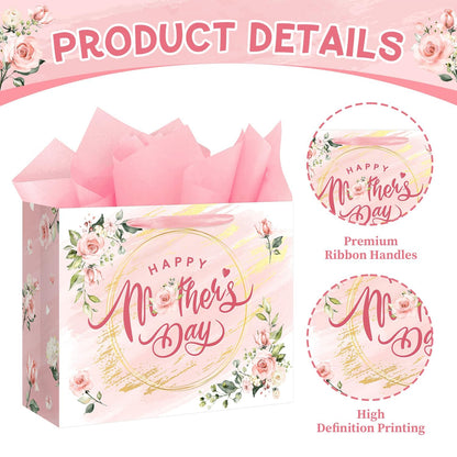 Aysimple Happy Mother's Day Large Gift Bag Set with Greeting Card and Pink Tissue Paper 13" Love Mother Present Bag Pastel Flower Paper Gift Bags with Handles for Happy Mom's Day Party Decorations