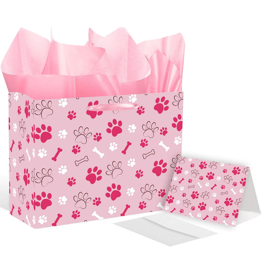 Pink Dog Paw Print Gift Bag Large Dog Birthday Gift Bag Paw Print Wrapping paper with Tissue Paper and & Card for Girl Boy Young Puppy Party Decorations Pet Themed Celebrations Birthday Party