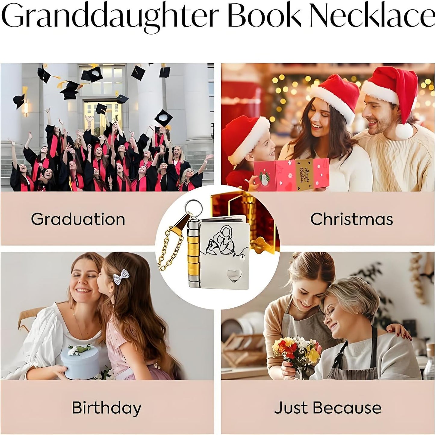 Granddaughter Book Necklace, For Granddaughters - The Most Beautiful Chapter Books Adjustable Silver Gold Book Pendant with 6 Pages Engraved Graduation Jewelry Gifts from Grandma