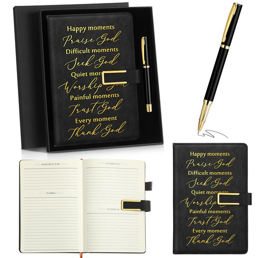 Geyoga 1 Set Father Day Christian Gift for Men Dad Leather Bible Prayer Journal with Pen A6 100 Sheets Bible Study Notebook Kit Religious Gift for Husband Pastor Church Sunday School Graduation