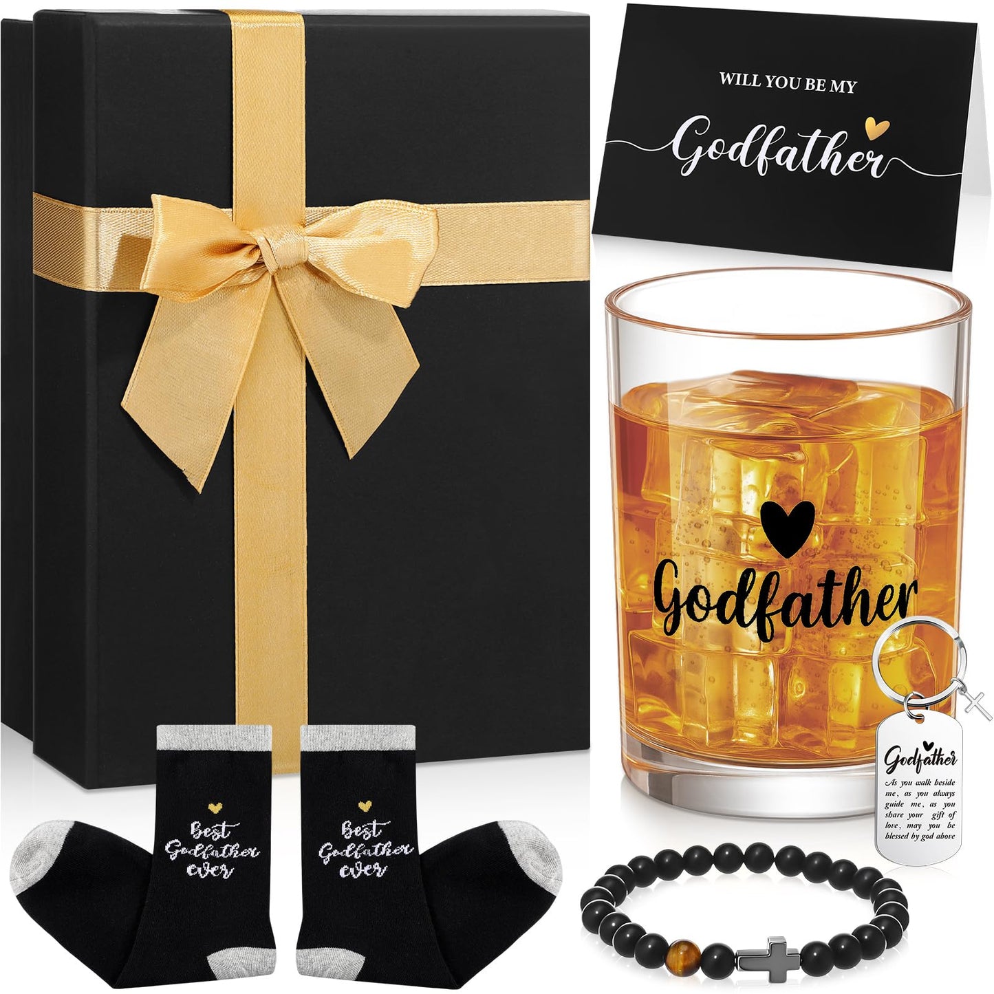 Reallnaive 6 Pcs Godfather Proposal Gift Will You Be My Godfather Gift Box Set Includes Wine Glass Bracelet Keychain Card Socks for God Father Uncle from Godchild Baptism Easter Father's Day(Classic)