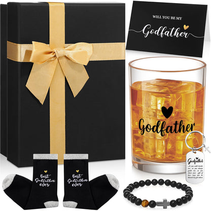 Reallnaive 6 Pcs Godfather Proposal Gift Will You Be My Godfather Gift Box Set Includes Wine Glass Bracelet Keychain Card Socks for God Father Uncle from Godchild Baptism Easter Father's Day(Classic)