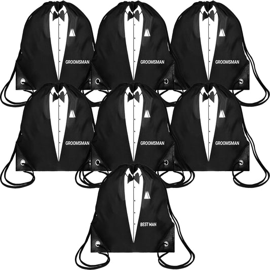 Shappy 7 Pack 9 x 9.9 Inches Groomsmen Gifts Bags for Wedding Party Favor Bags with Drawstring Black Bachelor Present Set for Groomsman Proposal Father's Birthday Anniversary Boss Party Supplies