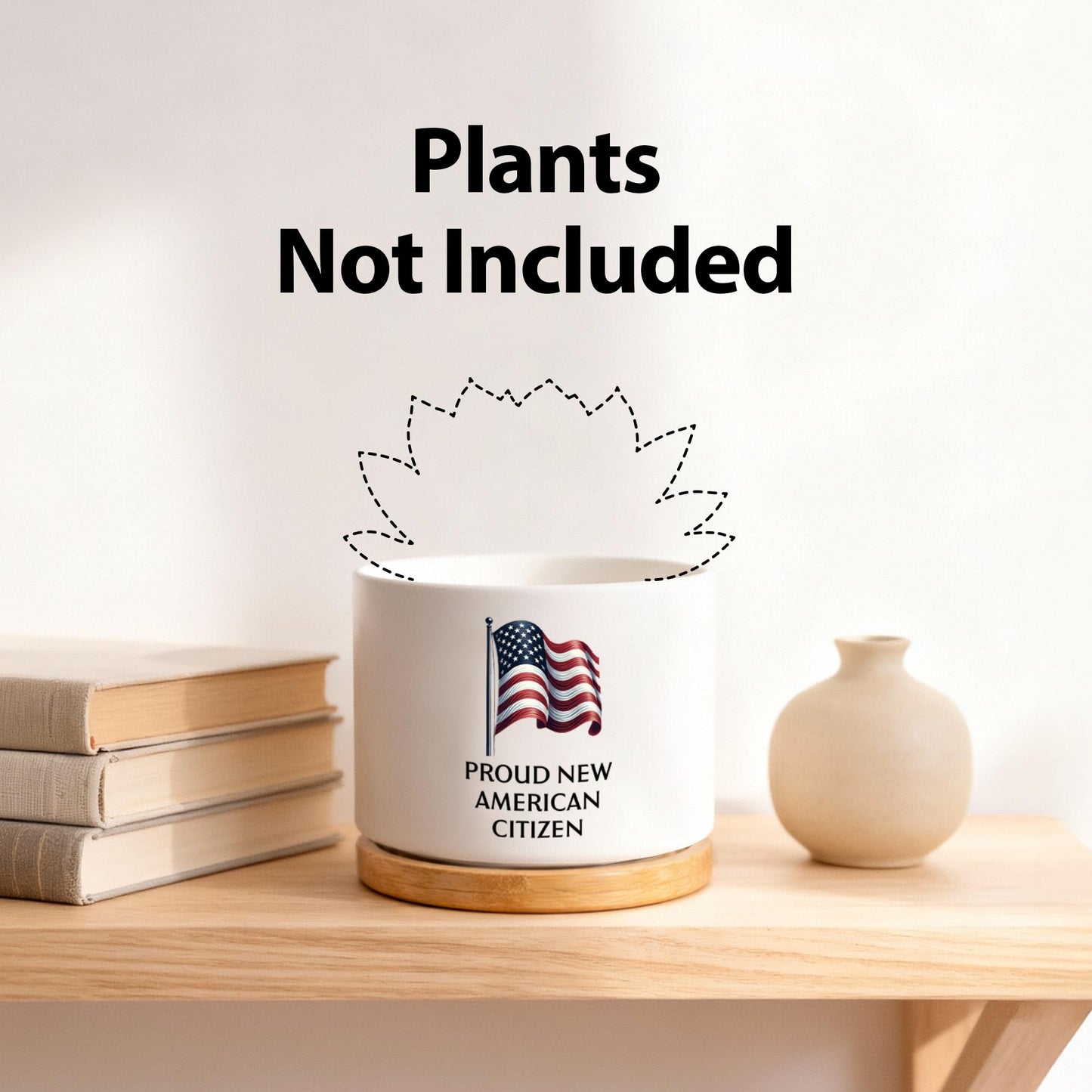 Proud New American Citizen US Citizenship Gifts Celebrations American Flag Ceramic Succulent Plant Pot with Bamboo Tray Round Plant Lover Gifts Home Office Decor 3.5 Inch White (No Plants)