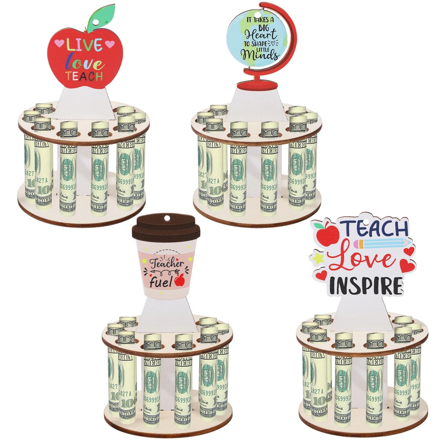 GLOBLELAND 4 Sets Wooden Teacher Appreciation Money Holders Funny Teacher Money Holder Ornaments for Cash Festival Gift Holders with 10 Holes and 4Pcs Tops Party Supplies Decoration