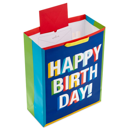 Hallmark 15" Extra Large Birthday Gift Bag with Tissue Paper (Happy Birthday, Red, Blue, Yellow, Green) for Kids, Teachers, Coworkers, Friends