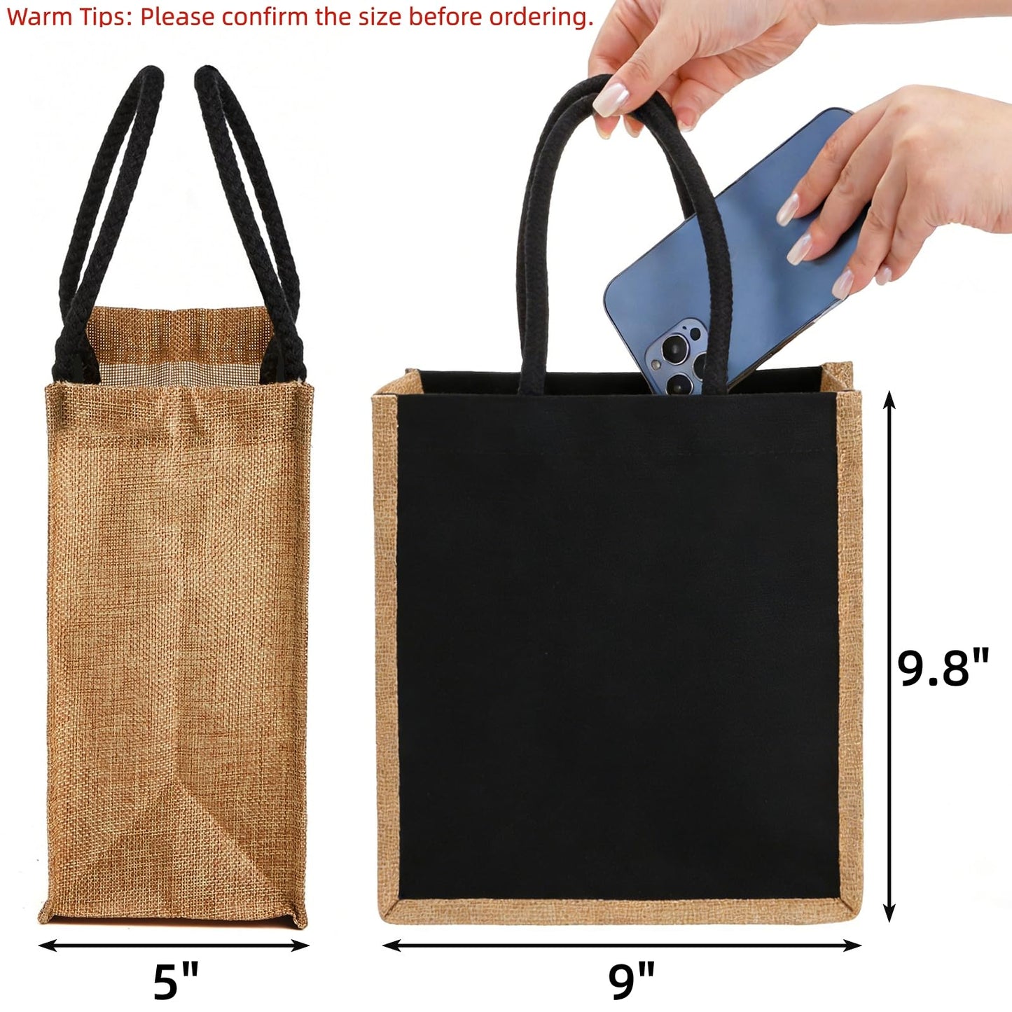 SOUJOY 6 Pack Burlap Tote Bags, Reusable Gift Tote with Handles, Black Jute Beach Bags, Canvas Grocery Shopping Tote for Bridesmaid, DIY, Shopping, Pool, Wedding Bag