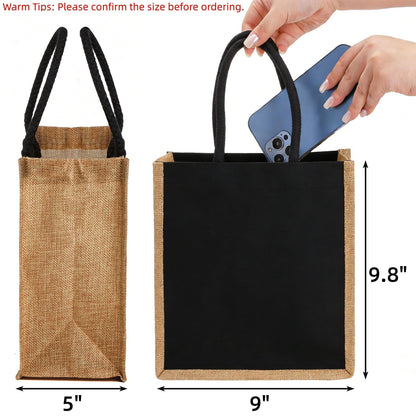 SOUJOY 6 Pack Burlap Tote Bags, Reusable Gift Tote with Handles, Black Jute Beach Bags, Canvas Grocery Shopping Tote for Bridesmaid, DIY, Shopping, Pool, Wedding Bag