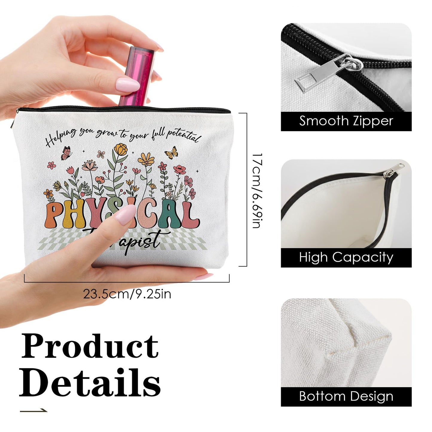 Physical Therapist Gifts for Women - 2pcs Tote Bag with Makeup Bags Set Reusable Floral Grocery Handbag and Toiletry Pouch for Work Travel Shopping Thanksgiving Christmas Birthday Gift