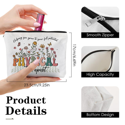 Physical Therapist Gifts for Women - 2pcs Tote Bag with Makeup Bags Set Reusable Floral Grocery Handbag and Toiletry Pouch for Work Travel Shopping Thanksgiving Christmas Birthday Gift